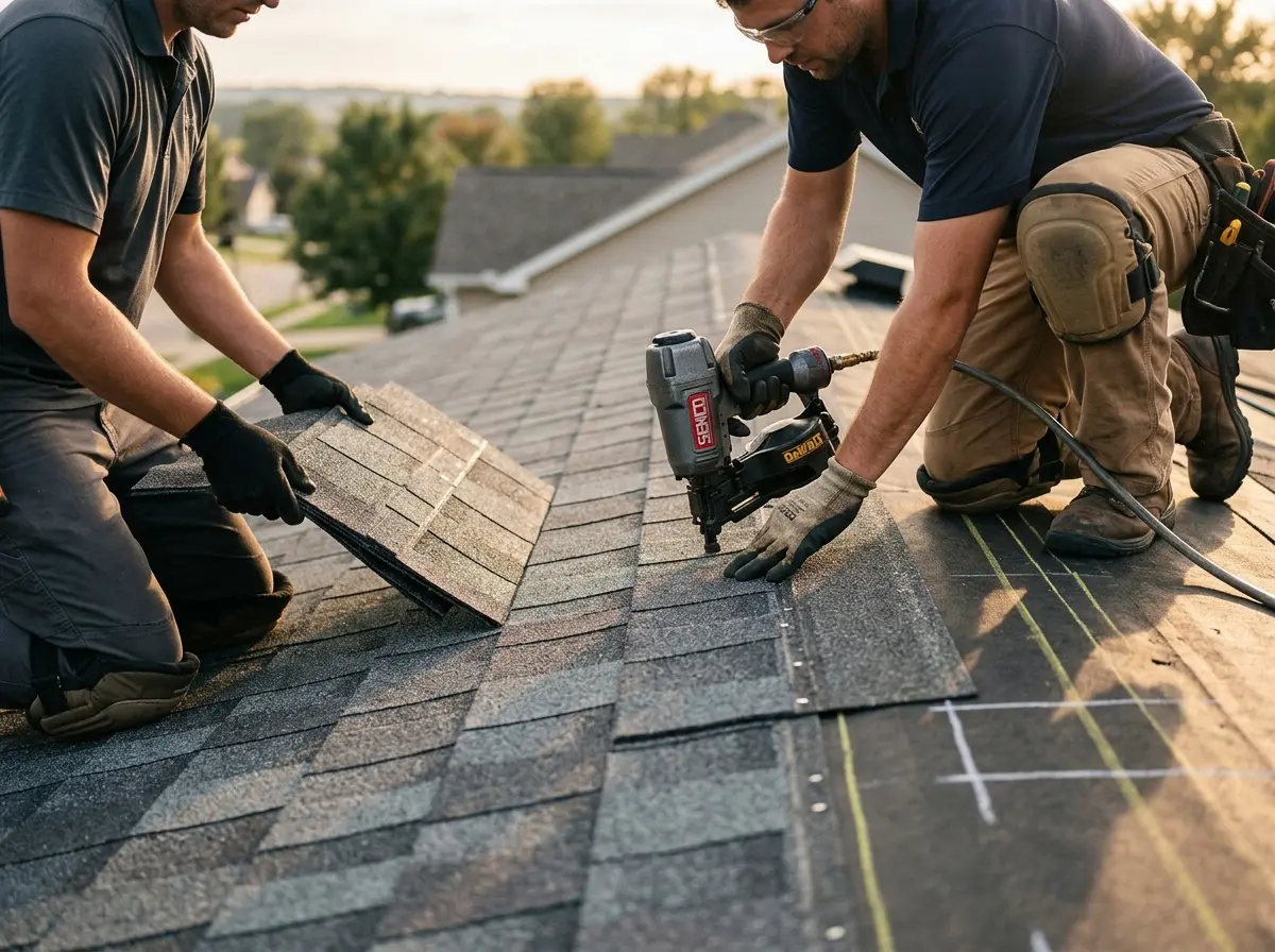 Professional roofer working on a residential roof in Rittman